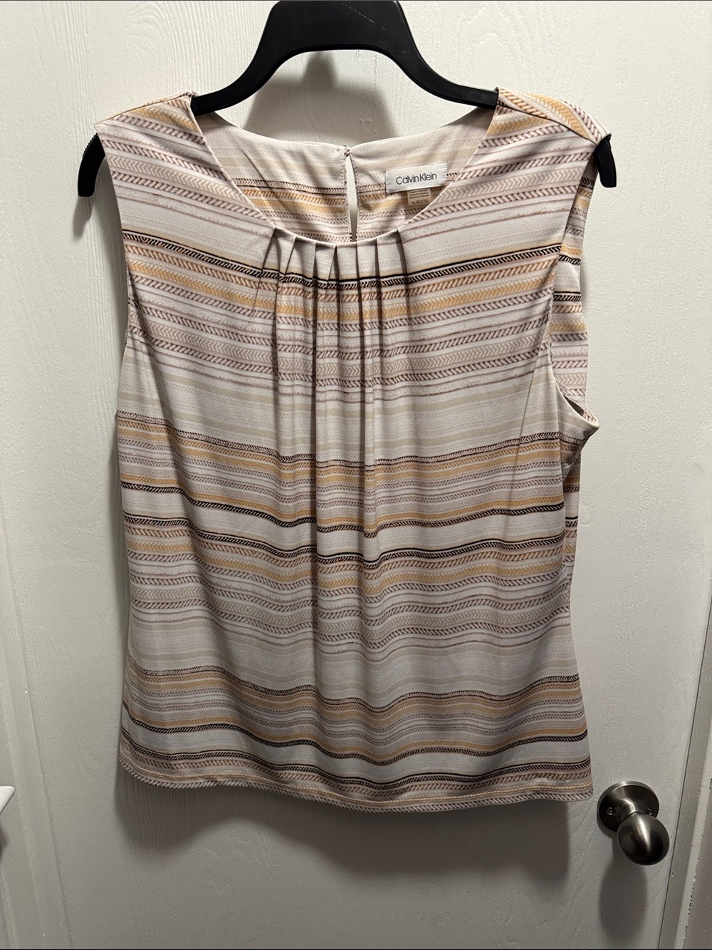Calvin Klein Striped Sleeveless Pleat Front Cami in Cream and Tan